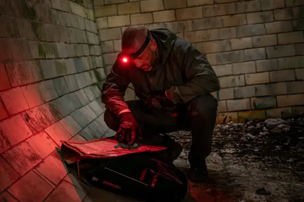 Mężczyzna w ciemnym ubraniu i czołówce z czerwonym światłem analizuje mapę. Czerwone światło w latarce nie oślepia, pozwala zachować nocne widzenie i nie zdradza pozycji.