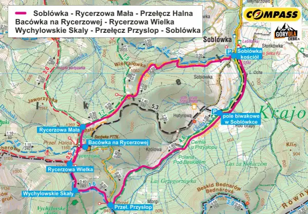 Mapa szlaków turystycznych z zaznaczoną trasą "Soblówka - Rycerzowa Mała - Przełęcz Halna - Bacówka na Rycerzowej - Rycerzowa Wielka - Wychylowskie Skały - Przełęcz Przyslop - Soblówka". Widać tu wielką rycerzową.