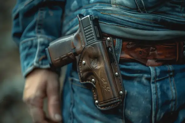 Pistolet w skórzanej kaburze na pasie. Różne rodzaje pozwoleń na broń mogą być potrzebne do posiadania takiego sprzętu.