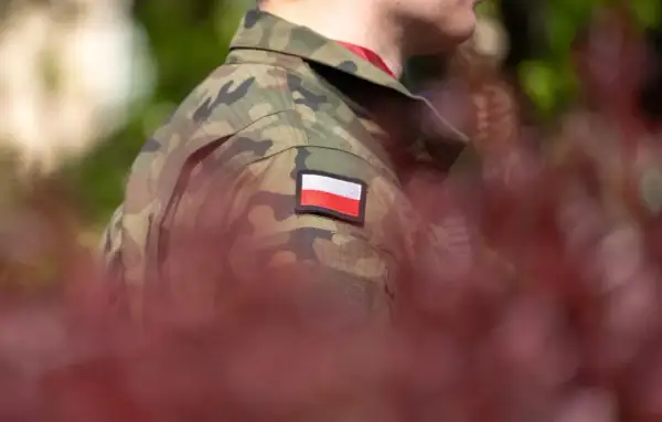 Żołnierz w mundurze z polską flagą. W tle zamazane liście. Rozważane są choroby dyskwalifikujące ze służby wojskowej.