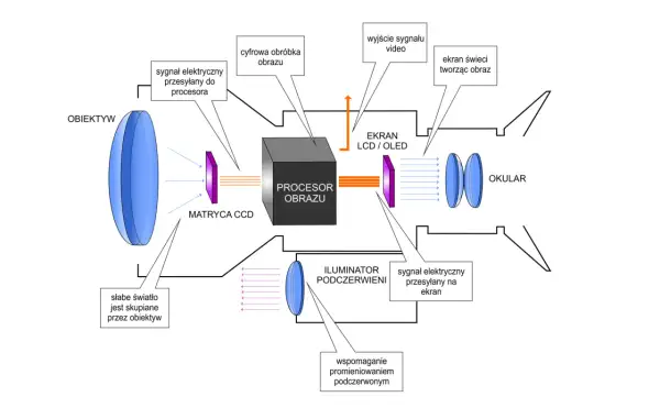 Schemat działania noktowizora: obiektyw skupia słabe światło, matryca CCD przetwarza je, procesor obrazu generuje sygnał na ekran LCD/OLED, który przez okular tworzy obraz.