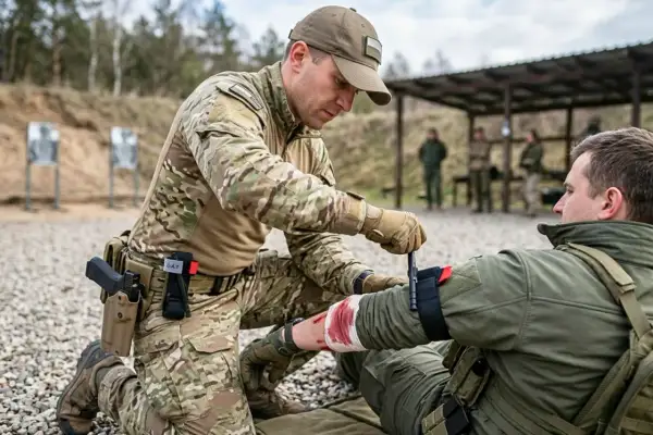 Żołnierz zakłada stazę taktyczną na ramię rannego kolegi na poligonie. To kluczowy element pierwszej pomocy.