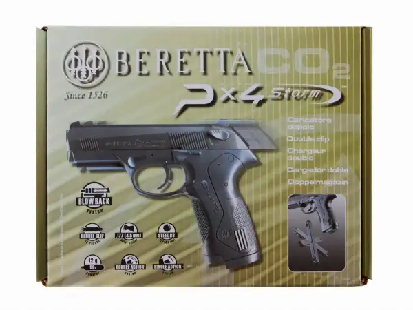Pudełko z pistoletem Beretta CX4 Storm na CO2. Widoczny pistolet, logo Beretta i cechy produktu, jak podwójny magazynek.